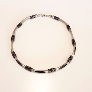 Unisex Necklace 18" Silver Tone Cut Out Beads Black Lace Women Men Beaded Unisex